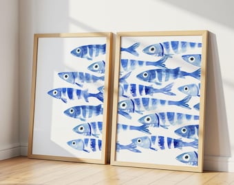 Sardines Print Set - Blue Watercolor Fish Print - Sardine Poster - Beach House Nautical Decor - Coastal Wall Art, Retro Mediterranean Poster