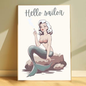 Vintage Mermaid Print - Retro Mermaid Poster, Nautical Wall Decor, Mid-Century Style, Rockabilly Art - Coastal Beach Print - Pinup Mermaid