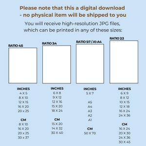 May include: A chart showing different aspect ratios for digital downloads, with measurements in inches and centimetres. The ratios are 4:5, 3:4, 5:7, and 2:3.
