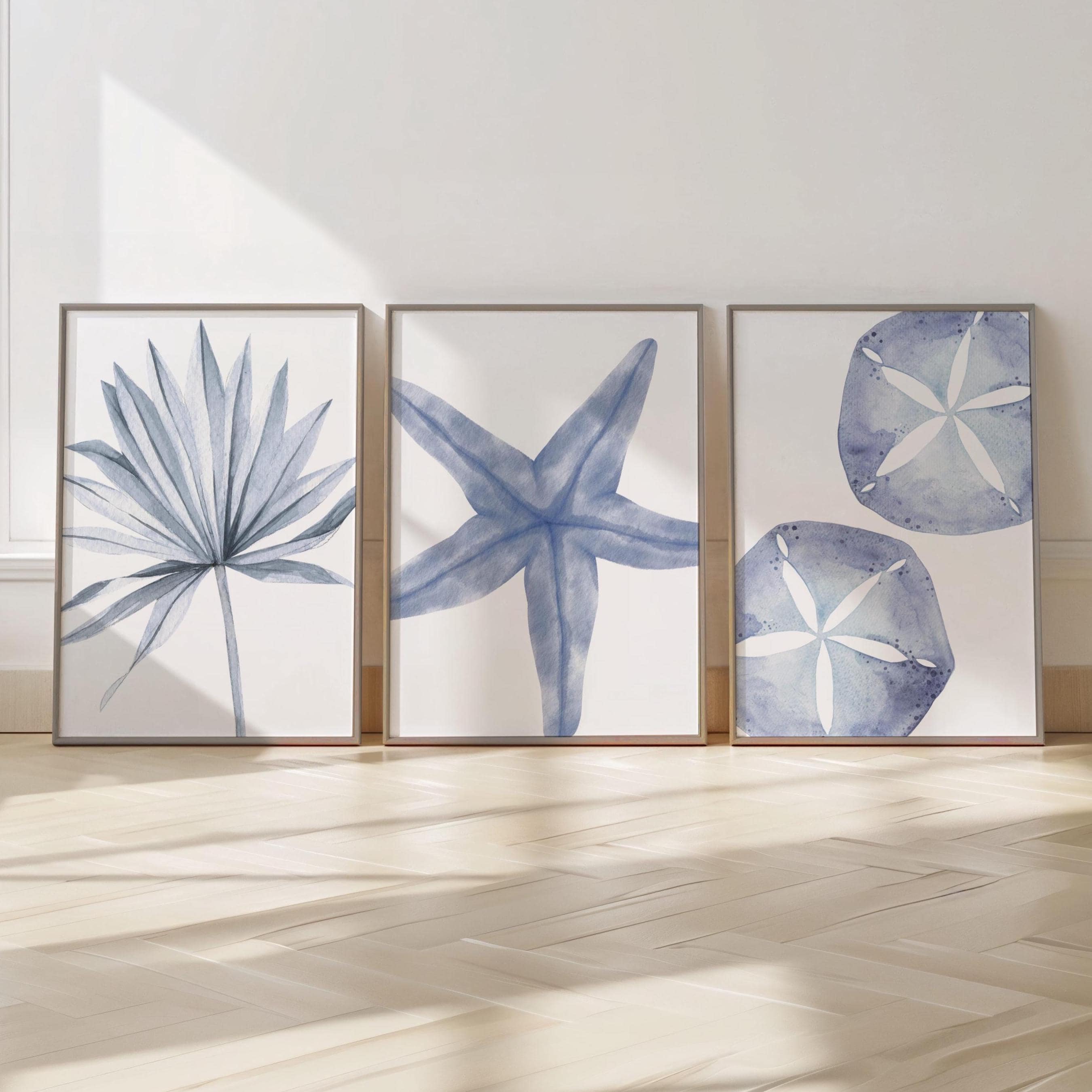 Coastal Wall Art Set of 3, Blue Ocean Watercolor Prints, Palm Leaf ...