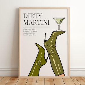 Brudny nadruk Martini | Plakat z koktajlem Boots | Wystrój baru koktajlowego w stylu retro | Plakat Martini | Modny wystrój baru | Nowoczesna sztuka do druku w stylu vintage