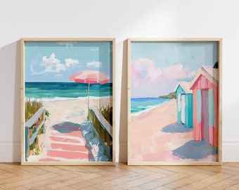 Coastal Beachy Wall Art Set - Pink Beach Umbrella Ocean Prints - Pastel Beach House Decor - Preppy Dorm Room Decor - East Coast Beach Poster