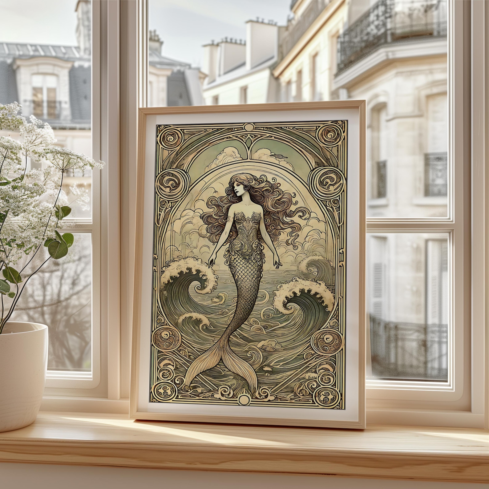 Mermaid Wall Art, Art Nouveau Style, Ocean Themed Decor, Sea Creature ...