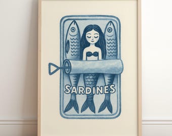 Impresión de sirena en lata de sardinas: Arte retro para pared de cocina (descarga digital), póster de sirena en lata de sardinas
