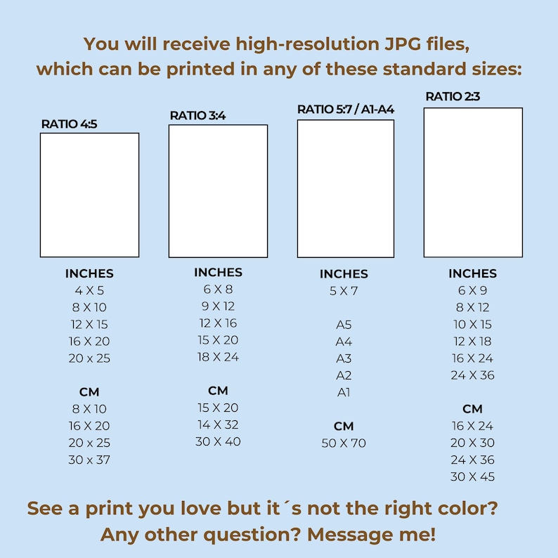 Puede incluir: Un gr&aacute;fico que muestra diferentes tama&ntilde;os est&aacute;ndar para imprimir archivos JPG de alta resoluci&oacute;n. El gr&aacute;fico incluye medidas en pulgadas y cent&iacute;metros para las proporciones 4:5, 3:4, 5:7 y 2:3.