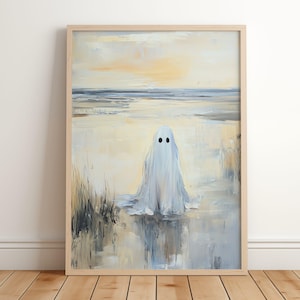 Summerween Decor, Ghost Beach Print, Summer Halloween Wall Art, Spooky Coastal Decor, Cute Ghost Ocean Digital Painting, Trendy Halloween