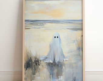 Summerween Ghost Beach Print: Spooky Halloween Coastal Art (Digital Download), Cute Summer Ghost