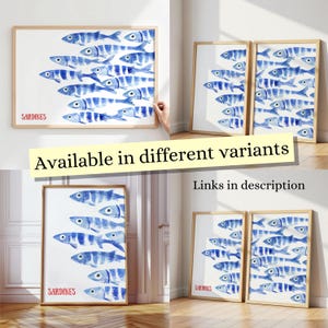 Sardines Print Set - Blue Watercolor Fish Print - Sardine Poster - Beach House Nautical Decor - Coastal Wall Art, Retro Mediterranean Poster image 3