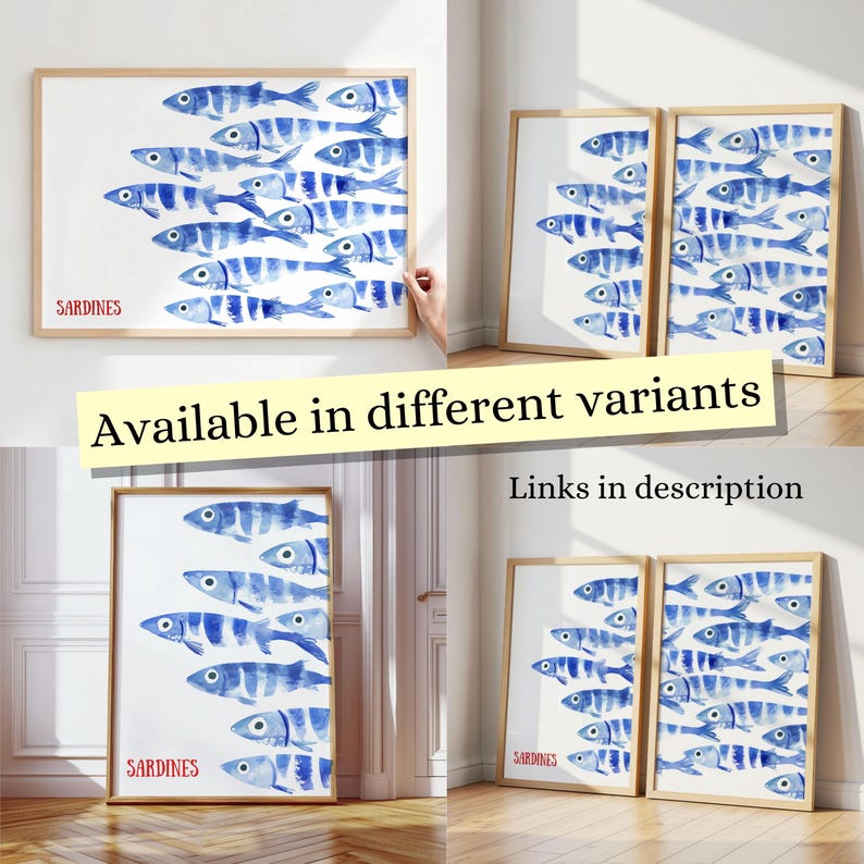 Sardines Print Set - Blue Watercolor Fish Print - Sardine Poster - Beach House Nautical Decor - Coastal Wall Art, Retro Mediterranean Poster image 3