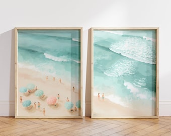 Coastal Wall Art Duo, Tiny People on Beach, Summer Printable, Aerial Beach Print, Summer Wall Art, Preppy Pastel Beach Decor, Top View Ocean