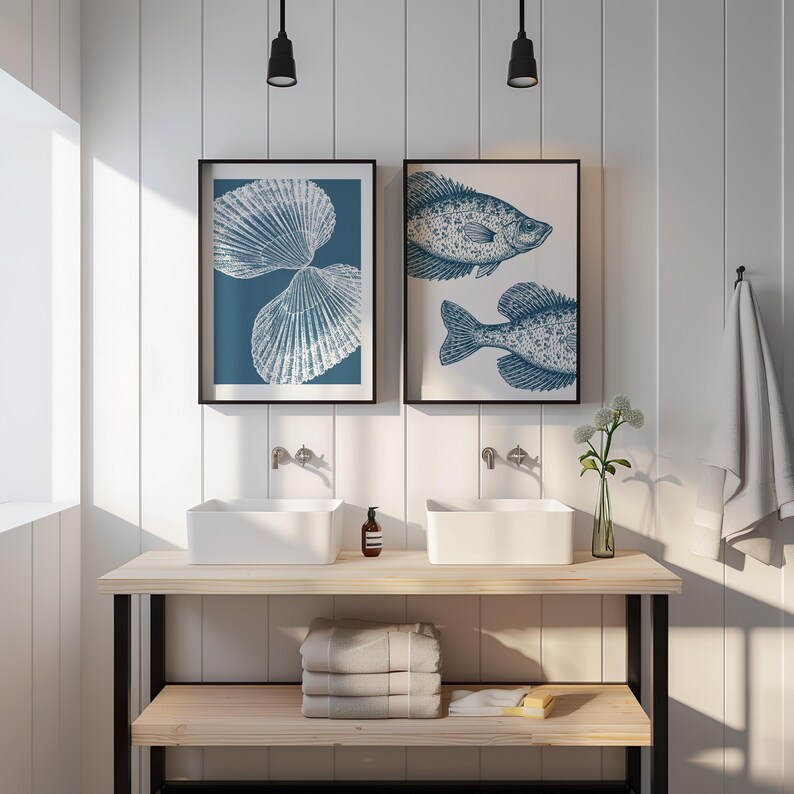 Coastal Wall Art Set - Blue Sea Shell Prints - Boho Beach House Decor ...