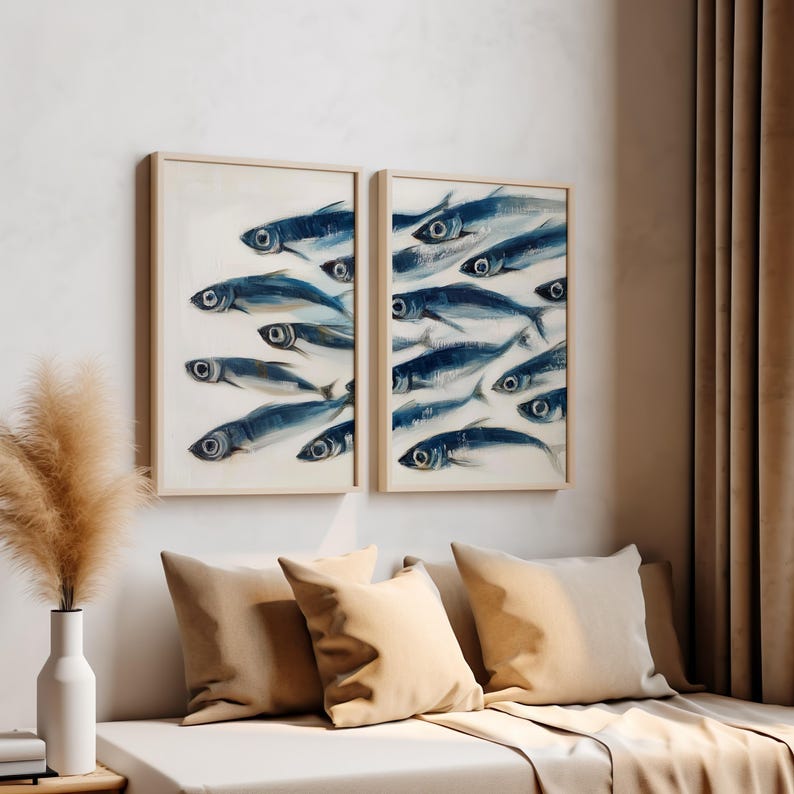 Sardines Print Set - Blue Fish Painting Duo - Sardine Poster - Beach House Nautical Decor - Coastal Wall Art - Retro Mediterranean Poster coastal wall art
nautical decor
beach house art
watercolor fish
ocean wall art
beach decor
coastal decor
fish illustration
sardines print
sardines set of 2
retro fish poster
mid century modern
fisherman aesthetic