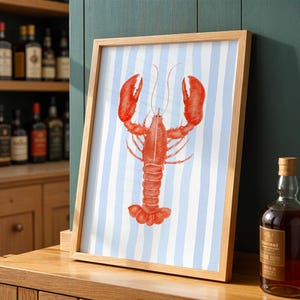 Lobster Print with Blue Stripes - Beach House Decor - Coastal Kitchen Art - Printable Wall Art - Nautical Poster - Fisherman Aesthetic retro wall art
coastal wall decor
beach vibe print
summer digital art
playful wall decor
minimalist beach art
retro summer decor
printable wall art
striped preppy art
querky dormroom
red lobster poster
beachy print lobster
fisherman aesthetic
