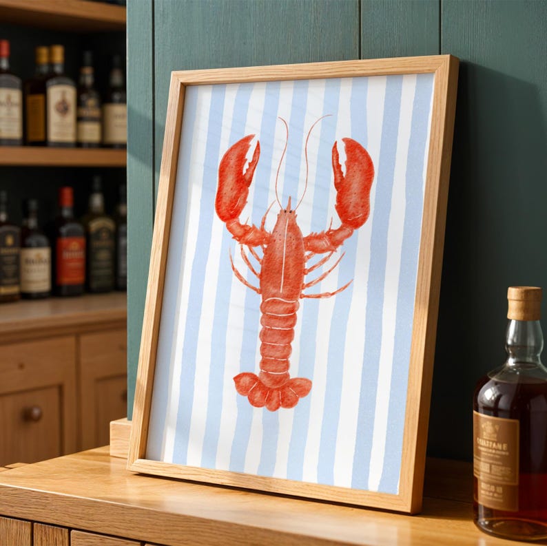 Lobster Print with Blue Stripes - Beach House Decor - Coastal Kitchen Art - Printable Wall Art - Nautical Poster - Fisherman Aesthetic retro wall art
coastal wall decor
beach vibe print
summer digital art
playful wall decor
minimalist beach art
retro summer decor
printable wall art
striped preppy art
querky dormroom
red lobster poster
beachy print lobster
fisherman aesthetic