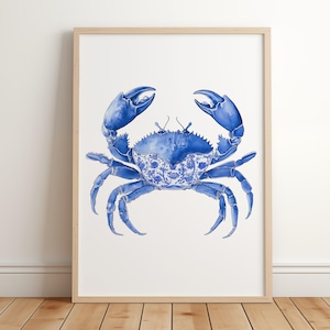 Lámina de cangrejo azul - Arte de cangrejo chinoiserie - Pintura de cangrejo Toile de Jouy - Decoración costera de moda - Ocean Beach House