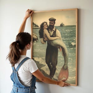 Vintage Mermaid Wall Art - Fisherman Carrying Mermaid by the Sea - Nautical Coastal Decor - Retro Digital Print for Beach House Style, fisherman aesthetic