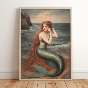 Vintage Mermaid Digital Wall Art | Victorian Ocean Fantasy Print | Coastal Decor | Mythical Sea Goddess Mermaid Painting | Boho Chic Gift
