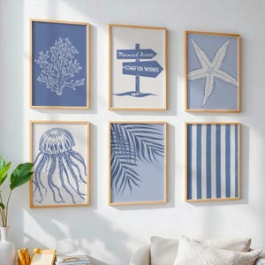 Blue Coastal Print Set: Jellyfish, Coral, Starfish - Beach House Decor (Digital Download)