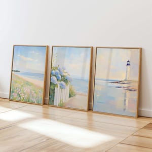 Set of 3 Pastel Coastal Wall Art / Summer Beach Print / Ocean Wildflowers / Blue Hydrangeas Painting / Beach House Decor / Preppy Dorm Room, ocean painting
coastal wall art
blue hydrangea art
hydrangeas beach
nautical marine art
summer beach print
beachy wall art
three piece wall art
pastel beach prints
preppy dorm room art
pink wildflowers
beach house decor
ocean light house