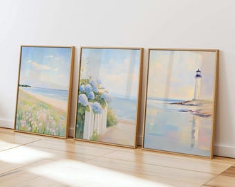 Set of 3 Pastel Coastal Wall Art / Summer Beach Print / Ocean Wildflowers / Blue Hydrangeas Painting / Beach House Decor / Preppy Dorm Room