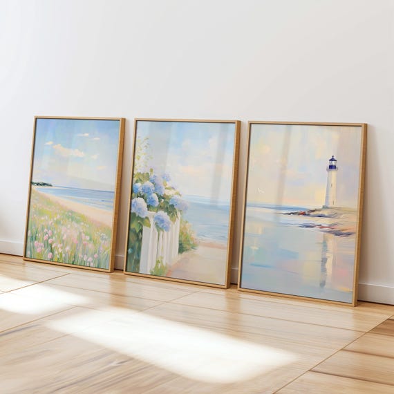 Set of 3 Pastel Coastal Wall Art / Summer Beach Print / Ocean Wildflowers / Blue Hydrangeas Painting / Beach House Decor / Preppy Dorm Room