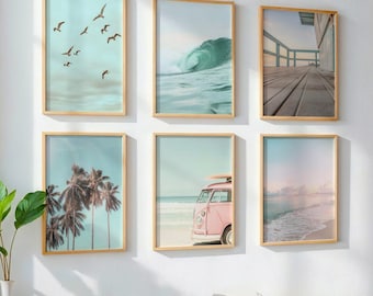 Pastel Beach Wall Art Set: Surfboard Wall Art - Retro Surf Van - Palm Trees - Ocean Wave - Coastal Wall Art