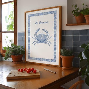 Impresión de cangrejo "Le Dormeur" / Póster de cocina costera francesa vintage / Arte mural náutico / Impresión de mariscos mediterráneos / Cocina o comedor