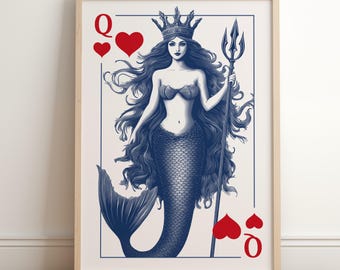 Mermaid Queen of Hearts Art Print: Retro Siren Nautical Decor (Digital Download)