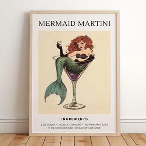 Meerjungfrau Martini Cocktail Poster | Barwagen Dekor | Strandbar Druck | Retro Cocktail-Rezept | Meerjungfrau im Martini-Glas | Vintage Küstenkunst