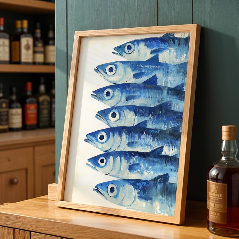 Sardines Print - Sardine Tin Vintage Poster - Retro Sardine Wall Art - Blue Fish Print - Colorful Kitchen Art Maximalist Mediterranean Print  tin fish print
sardine poster
sardines print
vintage food print
colorful kitchen art
diningroom art print
maximalist print
eclectic print
fisherman aesthetic
mediterranean bistro
nautical seafood
blue coastal print
retro fish poster