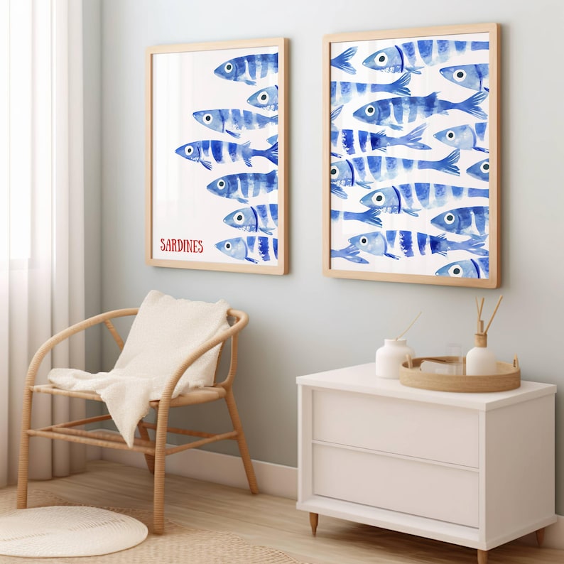 Sardines Print Set - Blue Watercolor Fish Print - Sardine Poster - Beach House Nautical Decor - Coastal Wall Art, Retro Mediterranean Poster, coastal wall art
nautical decor
beach house art
watercolor fish
ocean wall art
nautical print
beach decor
coastal decor
fish illustration
seaside art
sardines print
sardines set of 2
retro fish poster
mid century modern