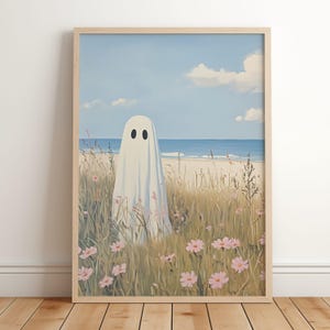 Summerween Decor Ghost Beach Print, Summer Halloween Wall Art, Spooky Coastal Decor, Pink Wildflowers Ocean Painting, Trendy Halloween