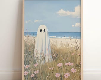 Summerween Ghost Beach Print: Spooky Coastal Halloween Art (Digital Download
