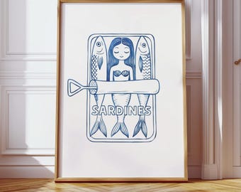 Impresión de sirena en lata de sardinas: arte de pared de cocina caprichoso (descarga digital), sirena en lata de sardinas