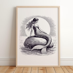 Vintage zeemeerminprint | Zwart-witte nautische muurkunst | Retro sireneposter kustmuurkunst | Oceaankunstwerk voor strandhuis of badkamer