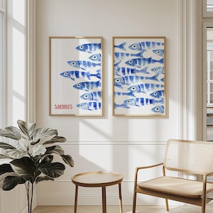 Sardines Print Set - Blue Watercolor Fish Print - Sardine Poster - Beach House Nautical Decor - Coastal Wall Art, Retro Mediterranean Poster, coastal wall art
nautical decor
beach house art
watercolor fish
ocean wall art
nautical print
beach decor
coastal decor
fish illustration
seaside art
sardines print
sardines set of 2
retro fish poster
mid century modern