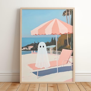 Summerween Ghost Beach Print: Spooky Retro Halloween Decor (Digital Download