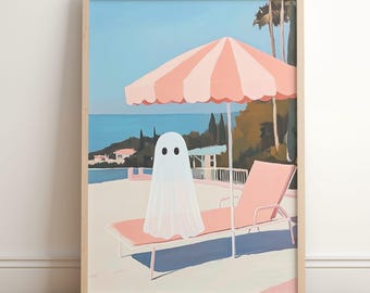 Sommarspökstrandtryck: Spöklik retro Halloweendekoration (digital nedladdning)
