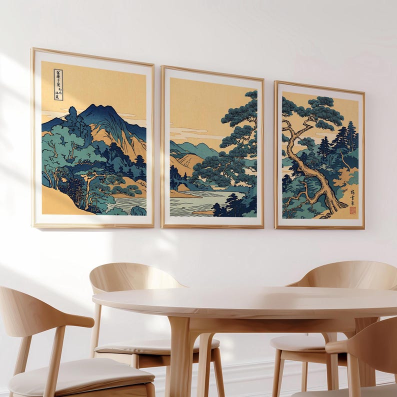 Vintage Japanese Landscape Print Set of 3 - Mountain Forest Wall Art ...