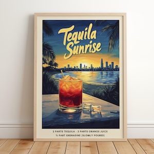 Wydruk artystyczny Tequila Sunrise | Wydruk koktajlowy w stylu retro | Dekoracja wózka barowego | Plakat z przepisem na Tequila Sunrise | Plakat z drinkiem plażowym | Modny wydruk