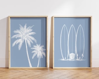 Surfboard Wall Art - Blue Coastal Wall Art Set of 2 - Surfboards & Palm Tree Prints - Beach House Decor, Minimalist Preppy Surf Art