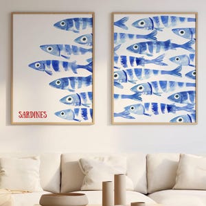 Sardinen Druck Set - Blauer Aquarell Fisch Druck - Sardine Poster - Strandhaus Wasser Dekor - Küsten Wand Kunst, Retro Mittelmeer Poster