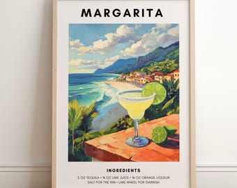Margarita Poster | Cocktail Poster | Bar Cart Decor | Retro Cocktail Print | Margarita Recipe Poster | Alcohol Drink Poster
