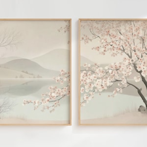 Arte mural japonés con flores de cerezo - Arte mural Japandi - Paisaje de Sakura - Póster zen asiático - Decoración bohemia para el hogar