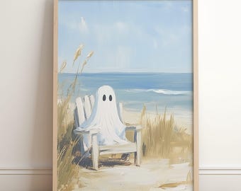 Sommardekor, spökstrandtryck, sommarhalloween-väggkonst, läskig kustdekor, söt spökhavsdigitalmålning, trendig halloween