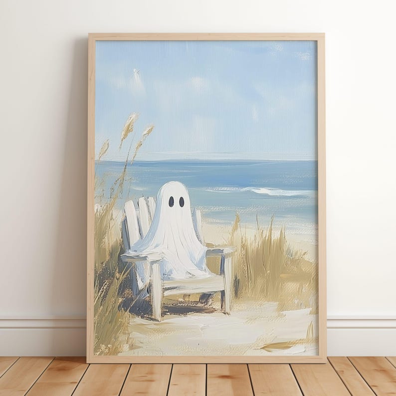 Summerween Decor, Ghost Beach Print, Summer Halloween Wall Art, Spooky Coastal Decor, Cute Ghost Ocean Digital Painting, Trendy Halloween Gift, summerween print
ghost poster
spooky decor
summer halloween
retro wall art
ghost decor
cute halloween
summer ghost
halloween wall
ghost on beach print
ocean ghost painting
trendy halloween art
summerween poster