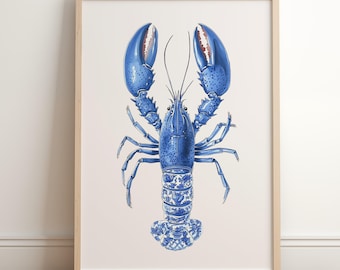 Blue Lobster Wall Art Print - Chinoiserie Lobster Artwork - Toile de Jouy Lobster Painting - Trendy Coastal Home Decor