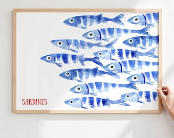 Sardines print set - blauwe aquarel vis print - horizontale poster sardines - strandhuisdecor - kustmuurkunst - retro mediterraan