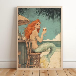 Vintage zeemeerminprint | Poster zeemeerminbar | Decor strandbar kust | Esthetische print nautische oceaan | Retro zeemeermin drankje schilderij