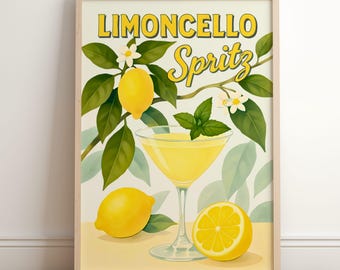 Limoncello Spritz Poster | Cocktail Poster | Bar Cart Decor | Limoncello Spritz Poster | Retro Italian Cocktail Print | Printable Wall Art